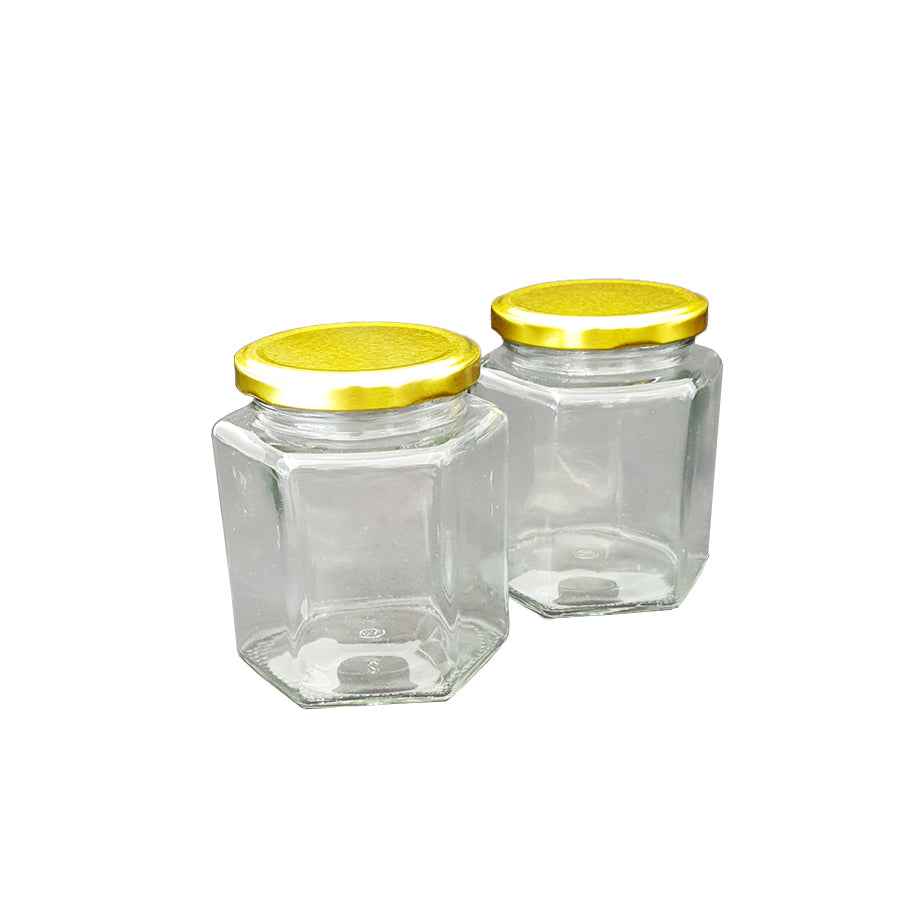 Jar Glass Hexagonal 370mL / 500g + Gold Lid